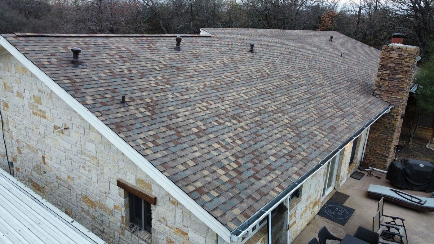 Aerial photo of a roofing job in progress