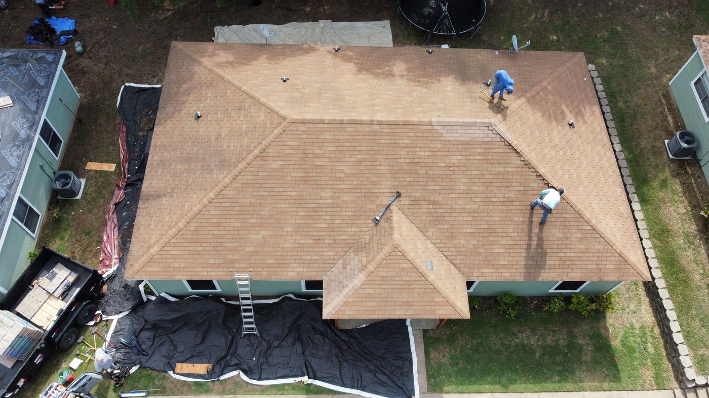 Close view of a completed roofing project